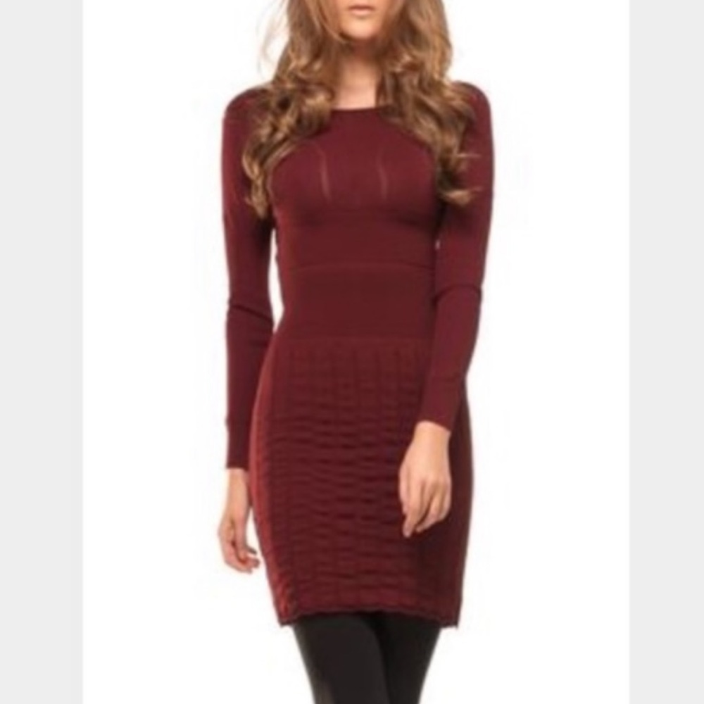 Max Studio Crimson Red Textured Lace Overlay Long Sleeve Holiday Party Dress